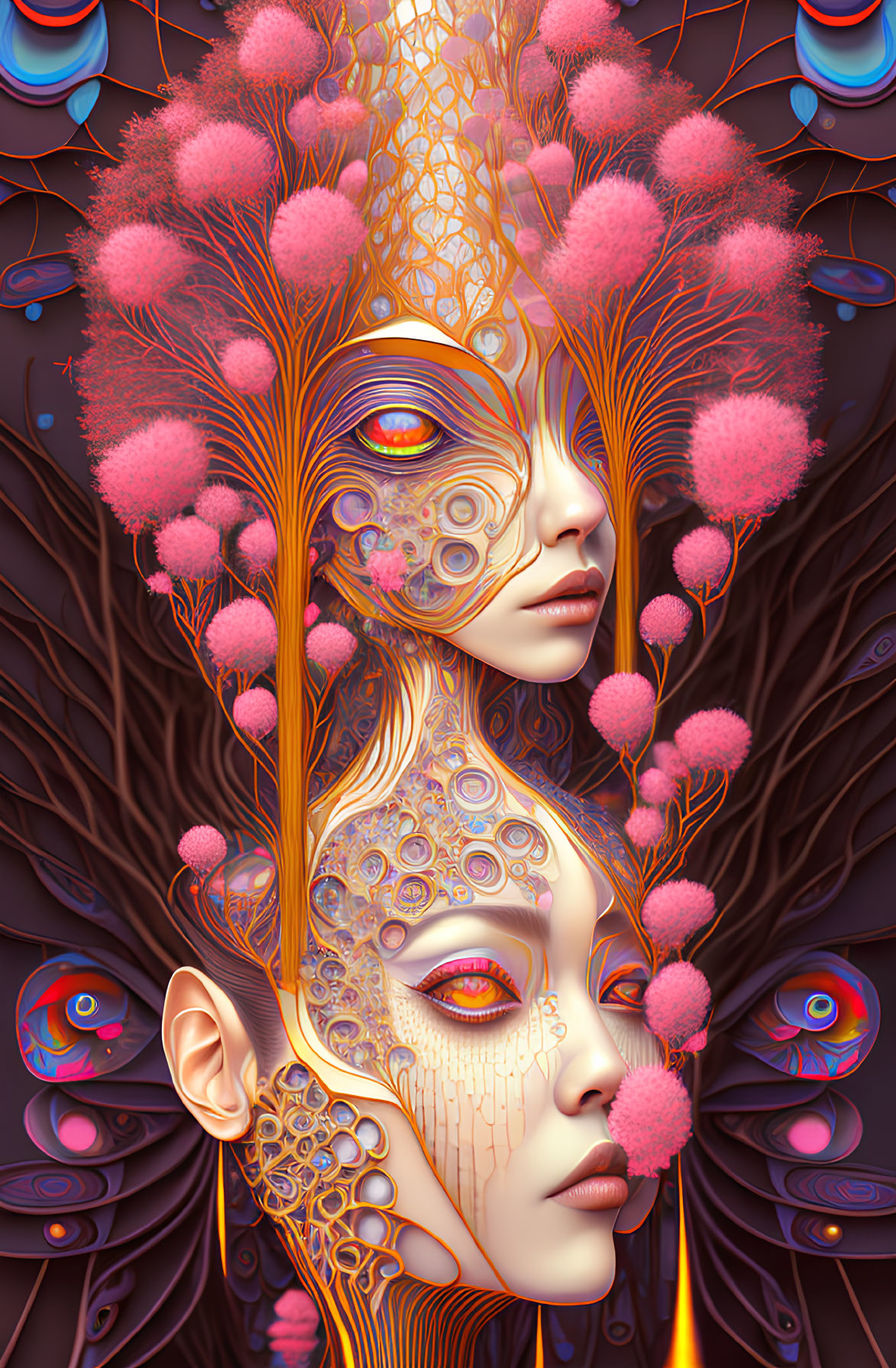 Surreal artwork featuring two female faces with intricate patterns and vibrant feathers.