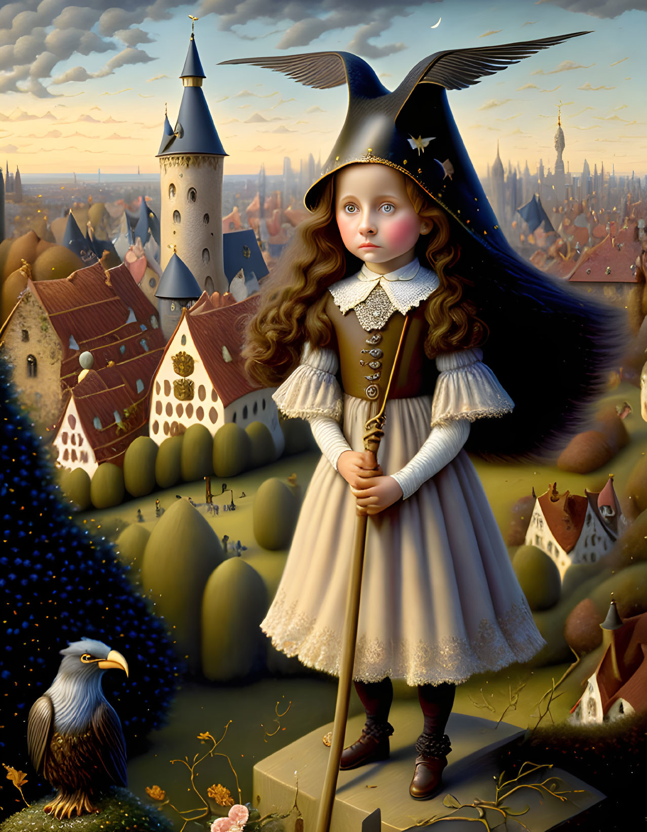 Whimsical painting of young girl in witch costume with eagle and medieval town