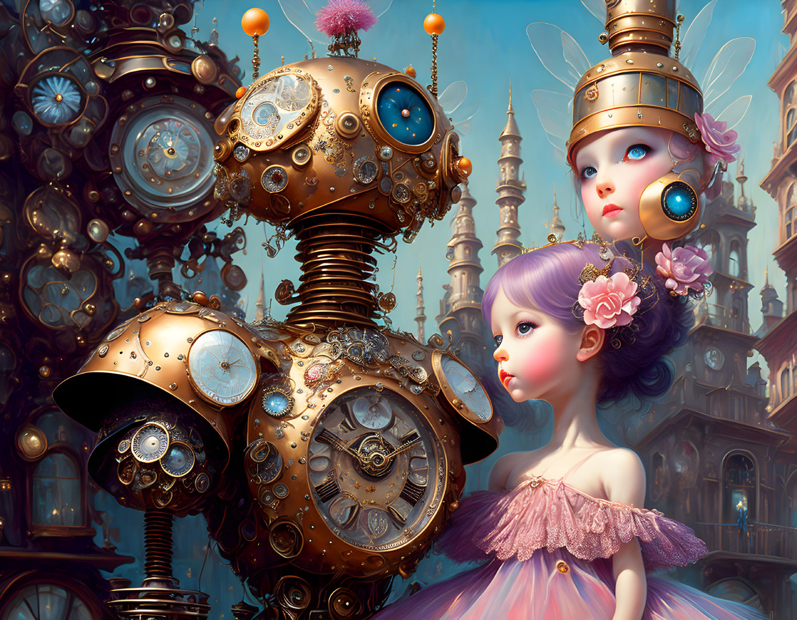 Steampunk-themed image featuring robotic figures and a child