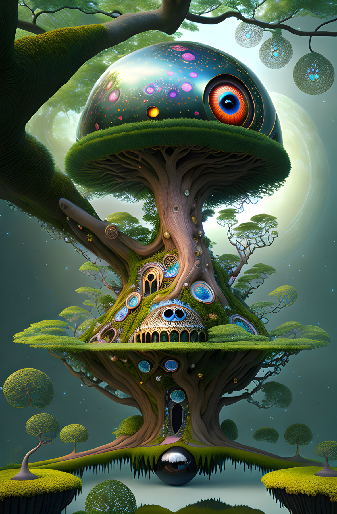 Fantastical treehouse with giant eye, orbs, circular windows in moonlit forest