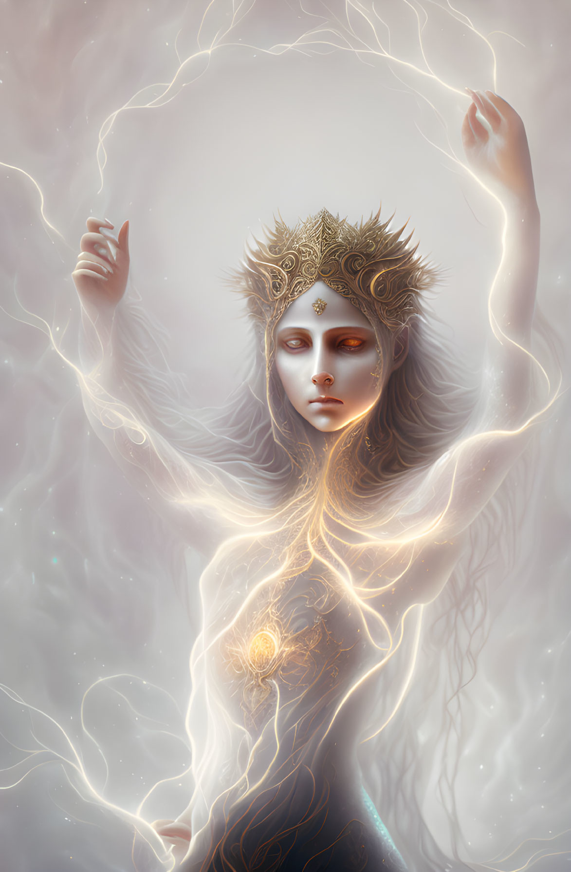 Ornate headdress adorns mystical female figure in glowing lines against soft background