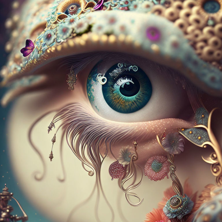 Detailed Fantasy-Themed Human Eye Illustration with Ornate Decorations