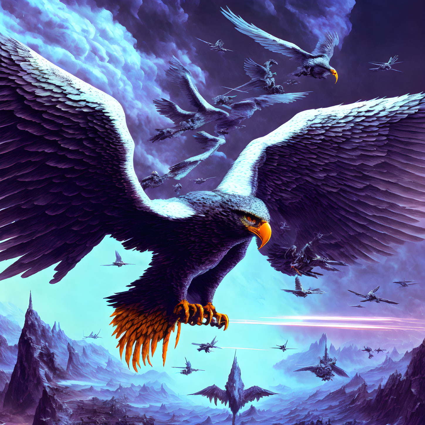 Majestic eagle flying over mountain landscape with birds and jet fighters