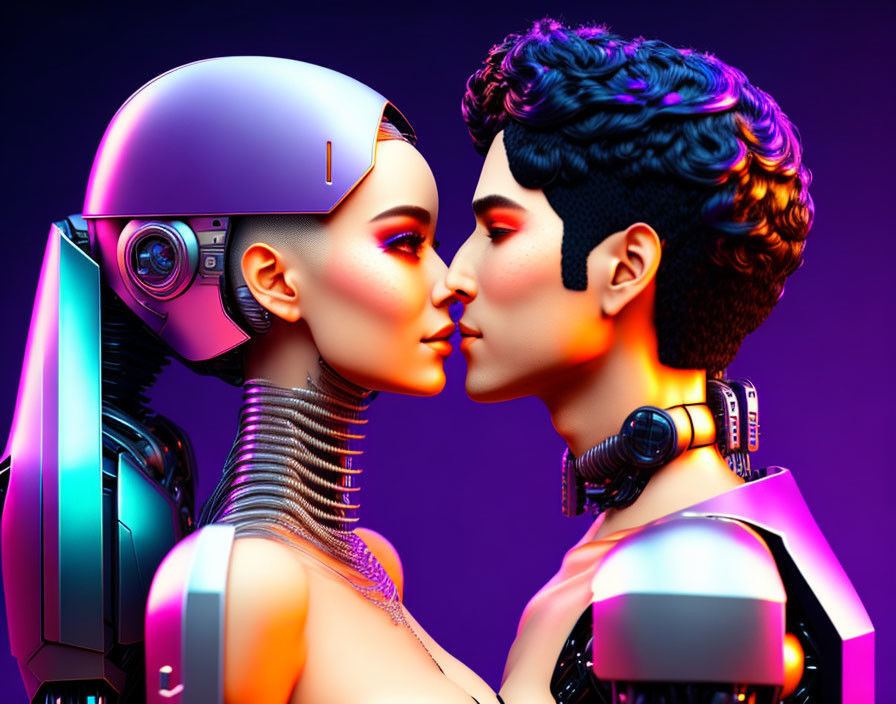 Close-Up Digital Artwork: Female Robot and Male Person Kissing on Purple Background