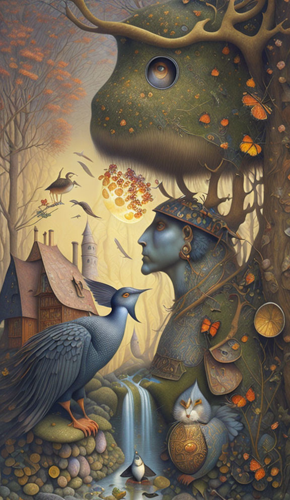 Surreal artwork: blue face, landscape, bird, owl, eye on cow's head,