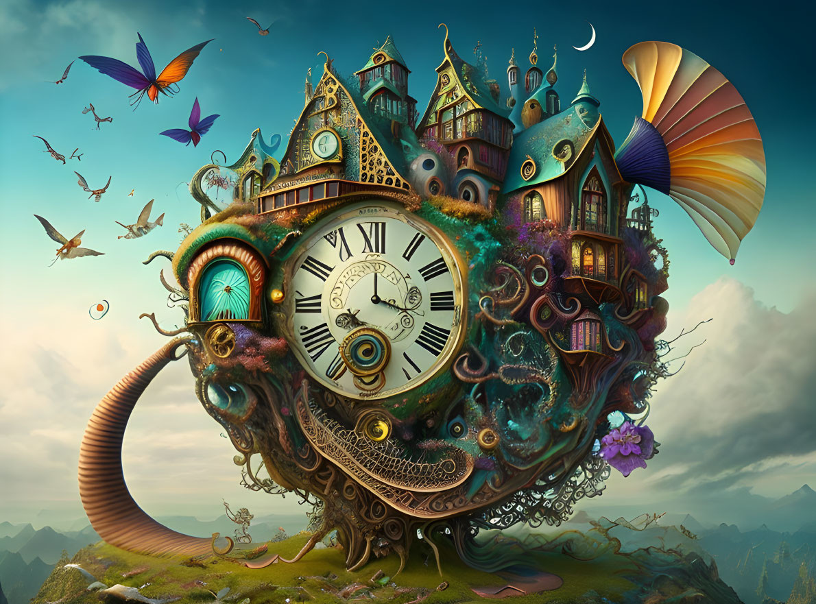 Fantastical treehouse with clock, books, butterflies, and crescent moon