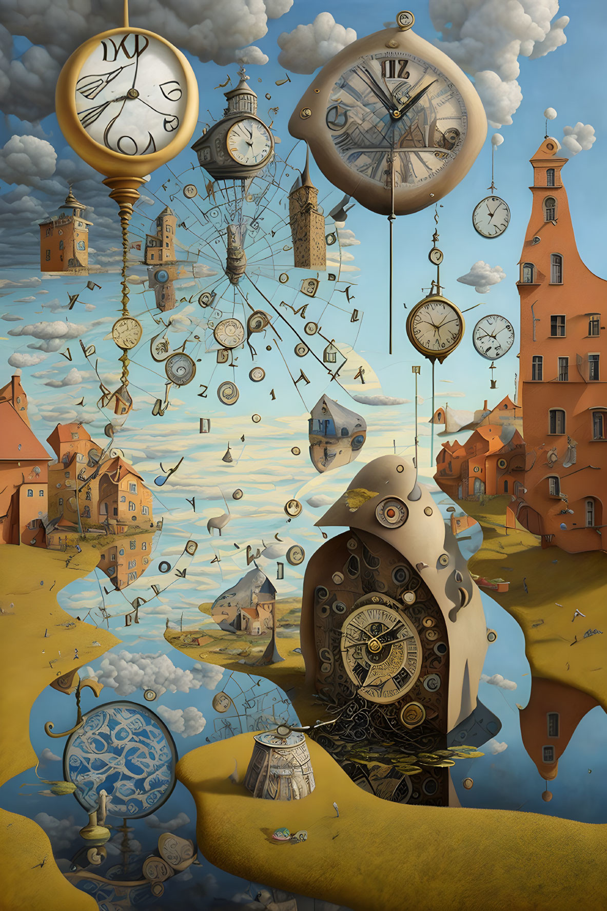 Surreal Artwork with Floating Clocks, Owl, and Whimsical Buildings