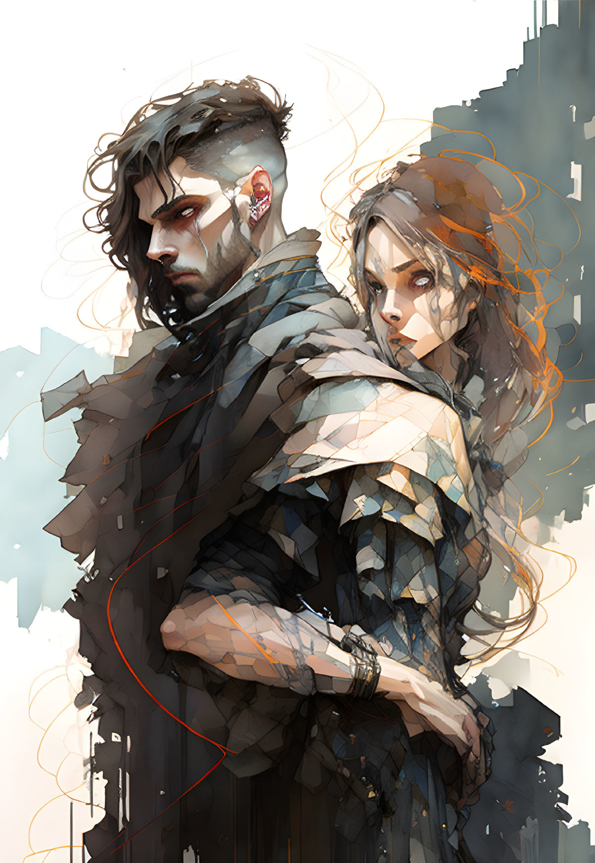 Fantasy-themed illustration of man and woman in intricate clothing with intense gazes