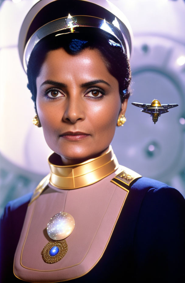 Sci-fi military woman in golden collar and cap with spaceship in futuristic backdrop