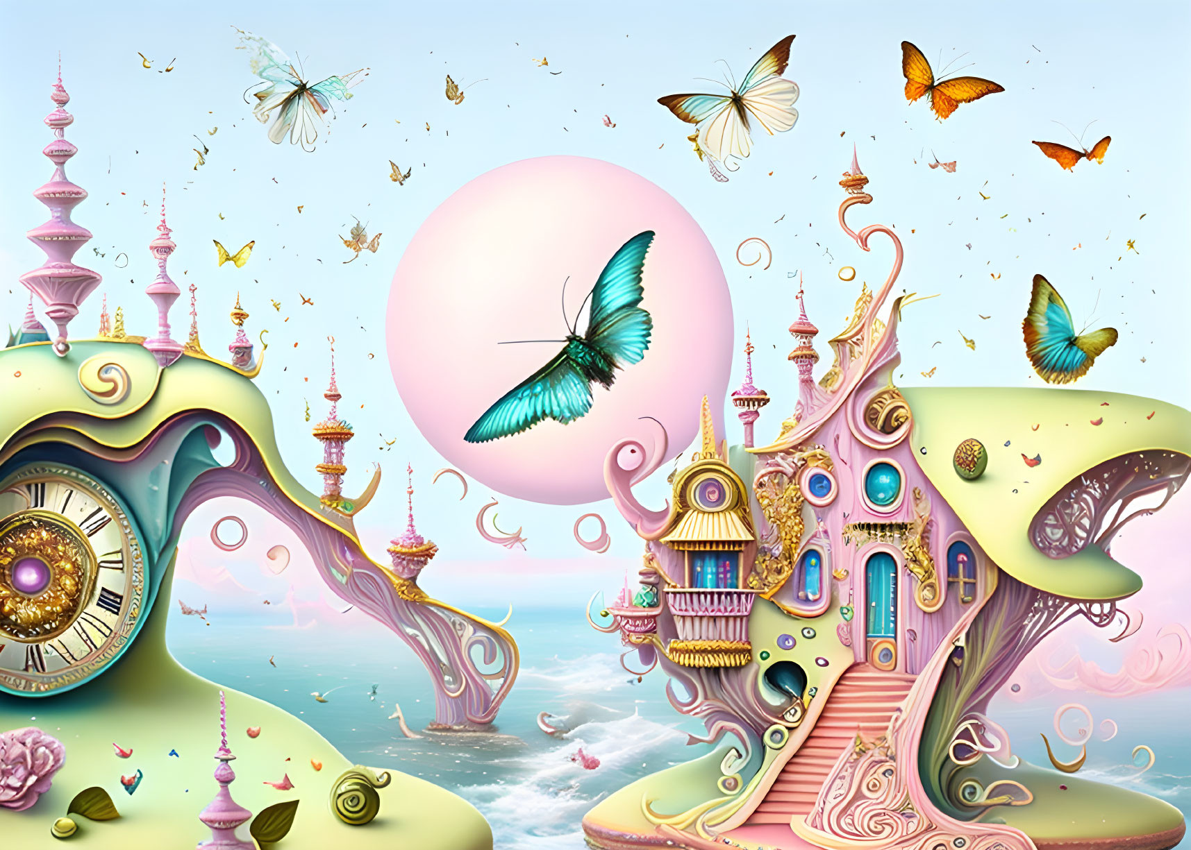 Whimsical fantasy landscape with melting clock, vibrant butterflies, and pink sun