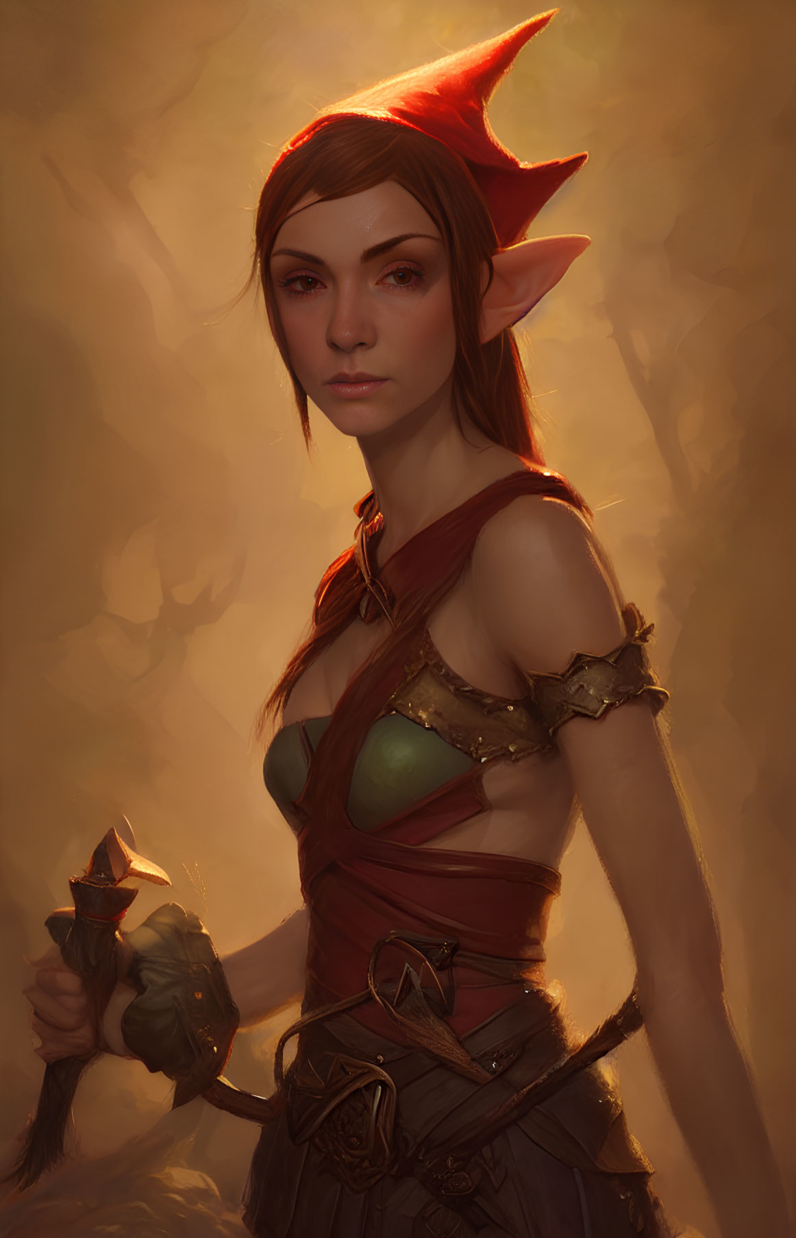 Female elf with red hair, pointy ears, stern expression, leather outfit, wooden staff