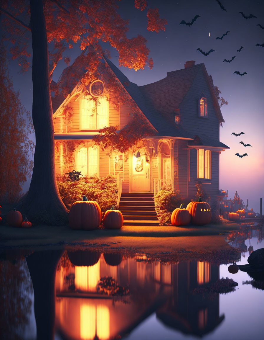 Autumn-themed cozy house with warm lights, pumpkins, bats, and dusk sky.