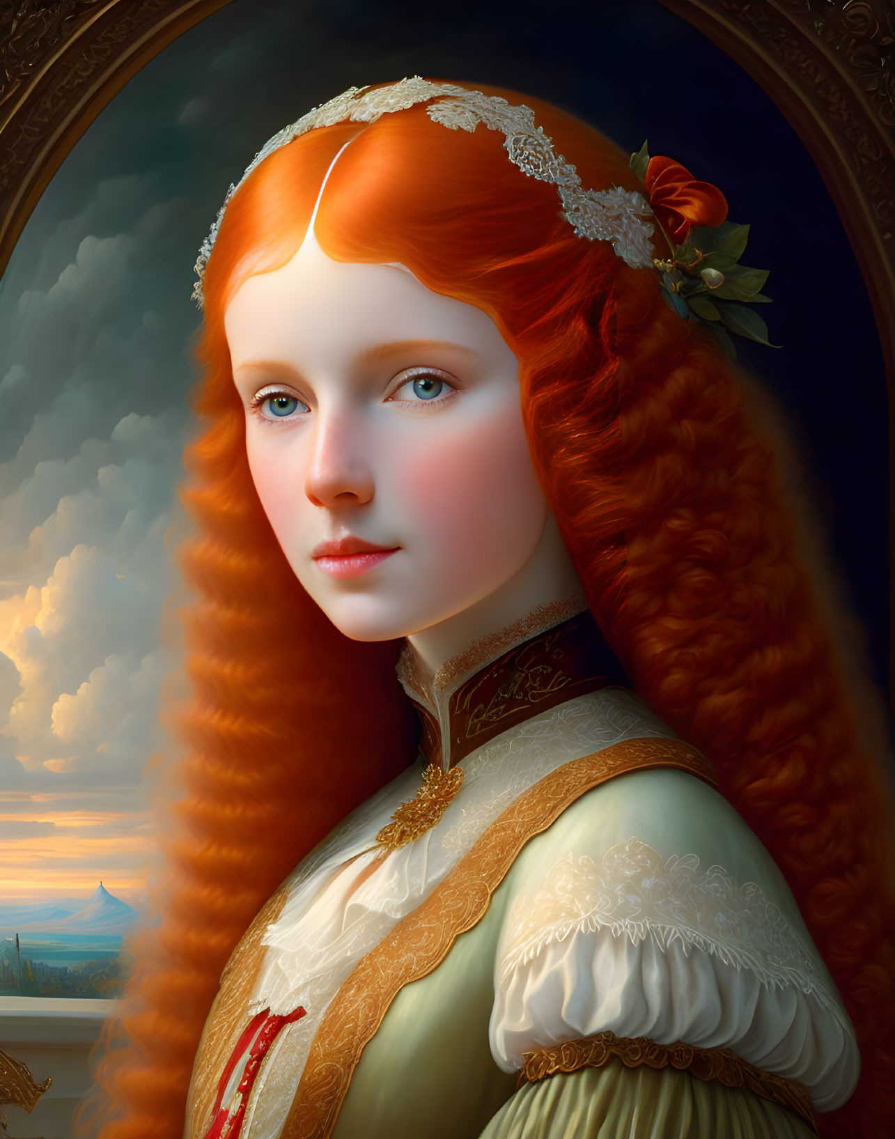 Digital portrait: Young woman with red hair, blue eyes, in Renaissance attire against dramatic sky