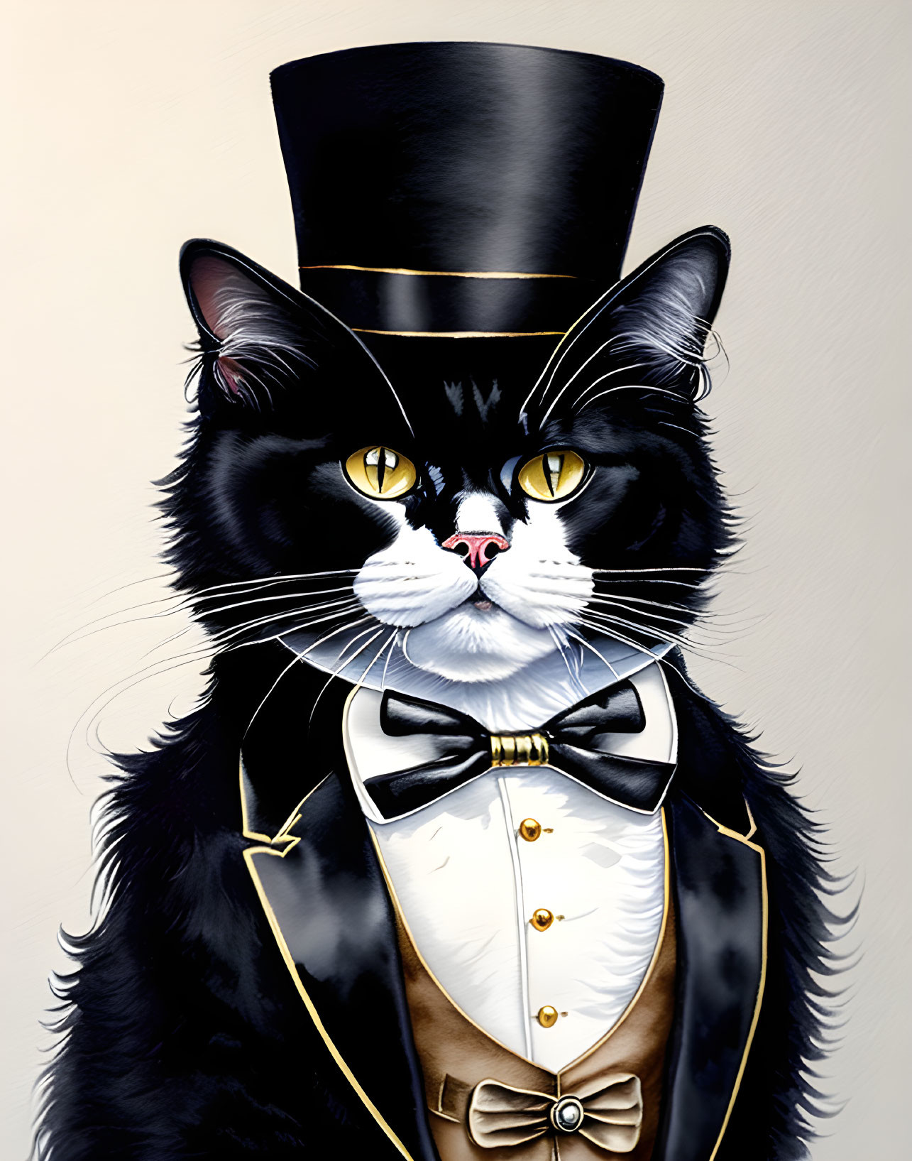 Black and white cat in top hat, tuxedo, and bowtie with dignified look