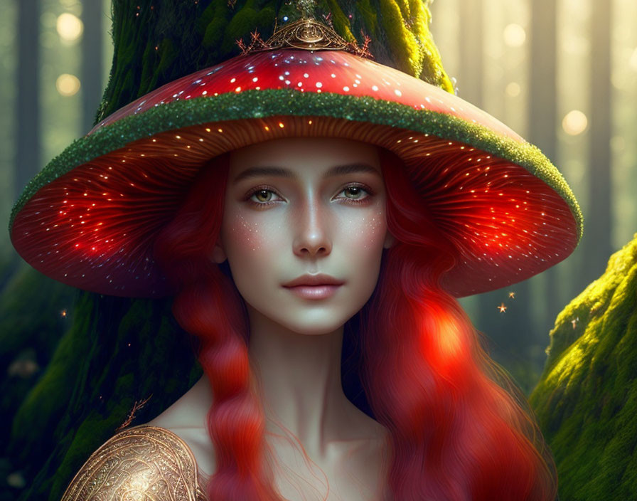 Fantastical portrait of woman with mushroom cap hat and mystical forest background