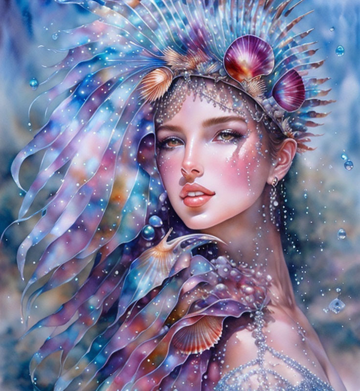 Fantasy aquatic-themed headdress with shells and fins on a woman.