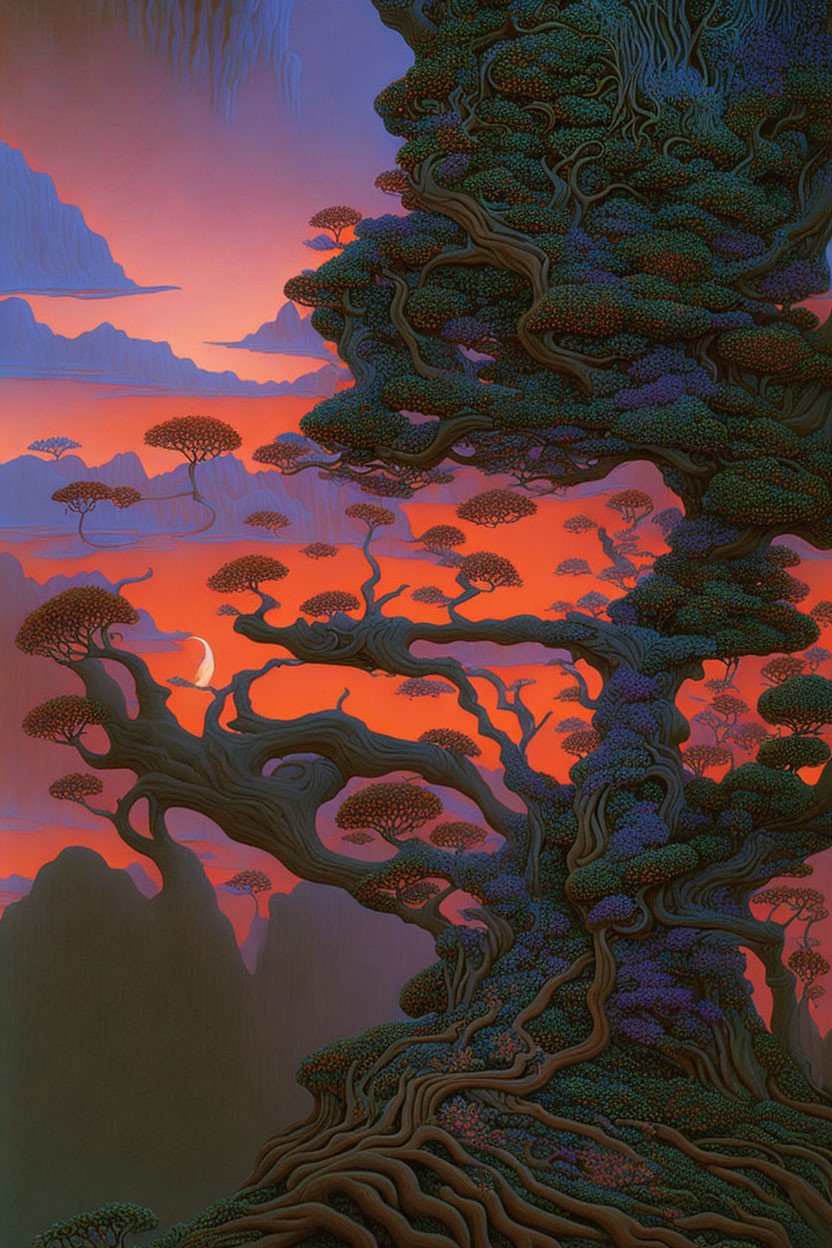 Intricate tree in fantastical landscape against purple-orange sunset.