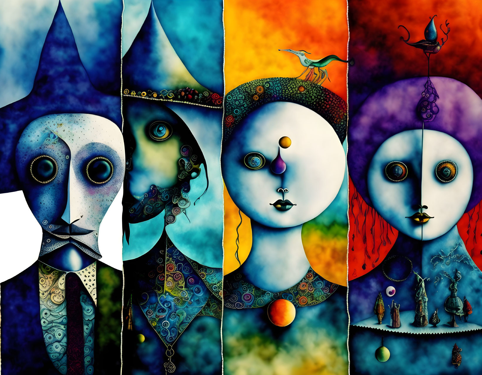 Colorful Abstract Art: Four Humanoid Figures with Exaggerated Features