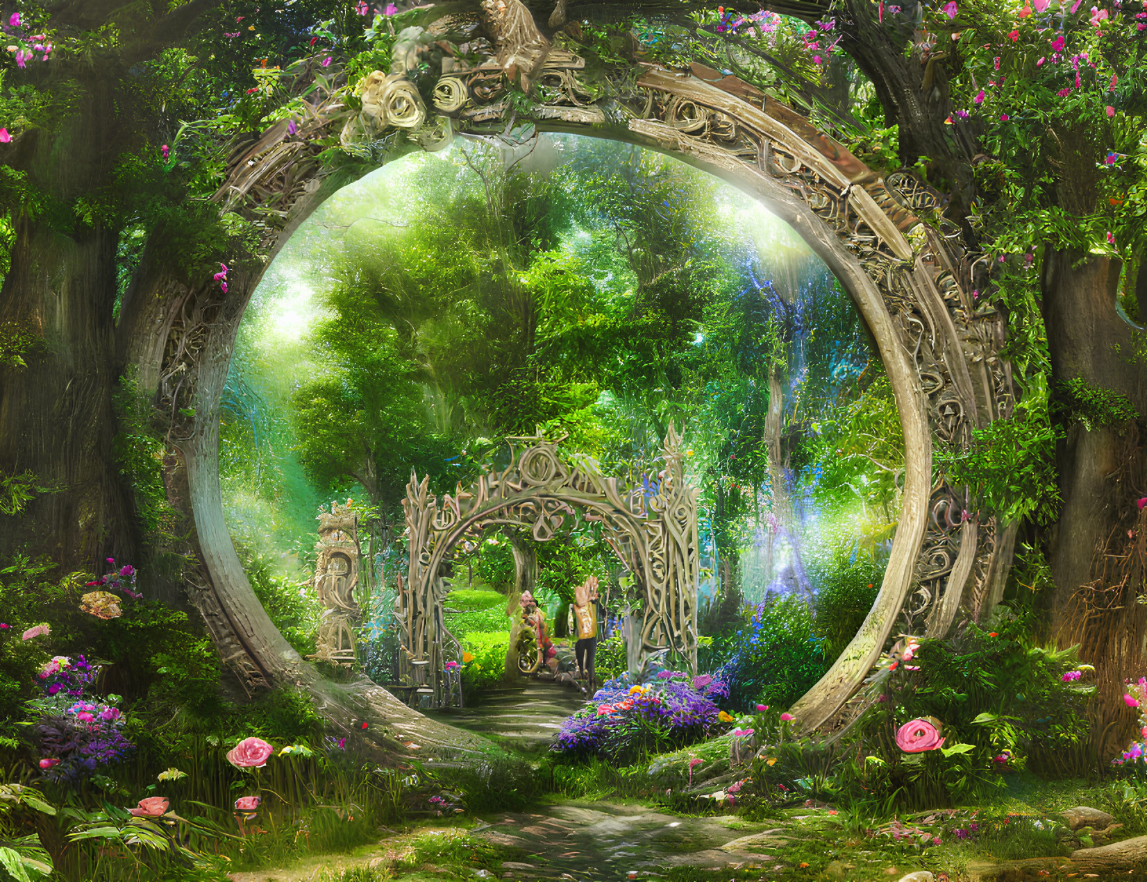 Circular gateway to lush forest with vibrant flowers and mystical glow.