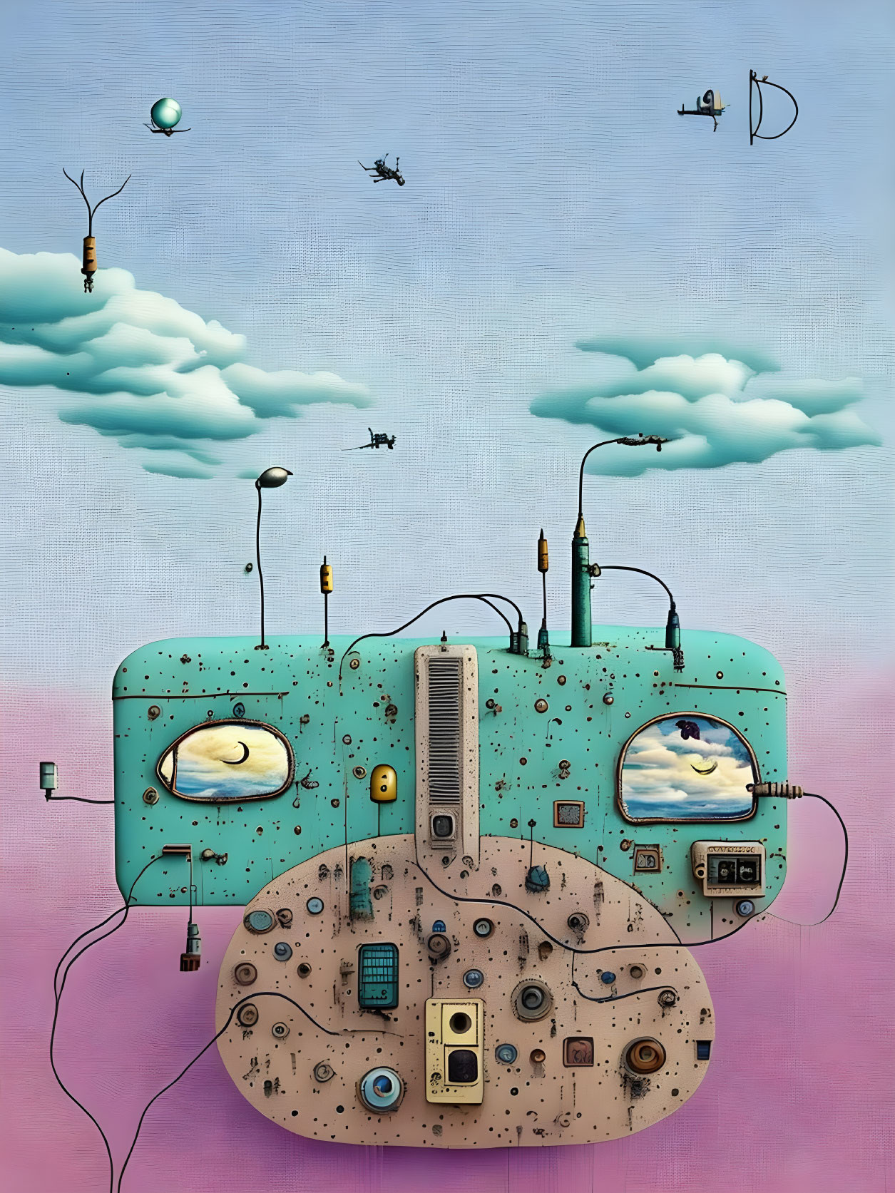 Surreal face-shaped building with mechanical features and eyes in pastel sky with flying fish and helicopters