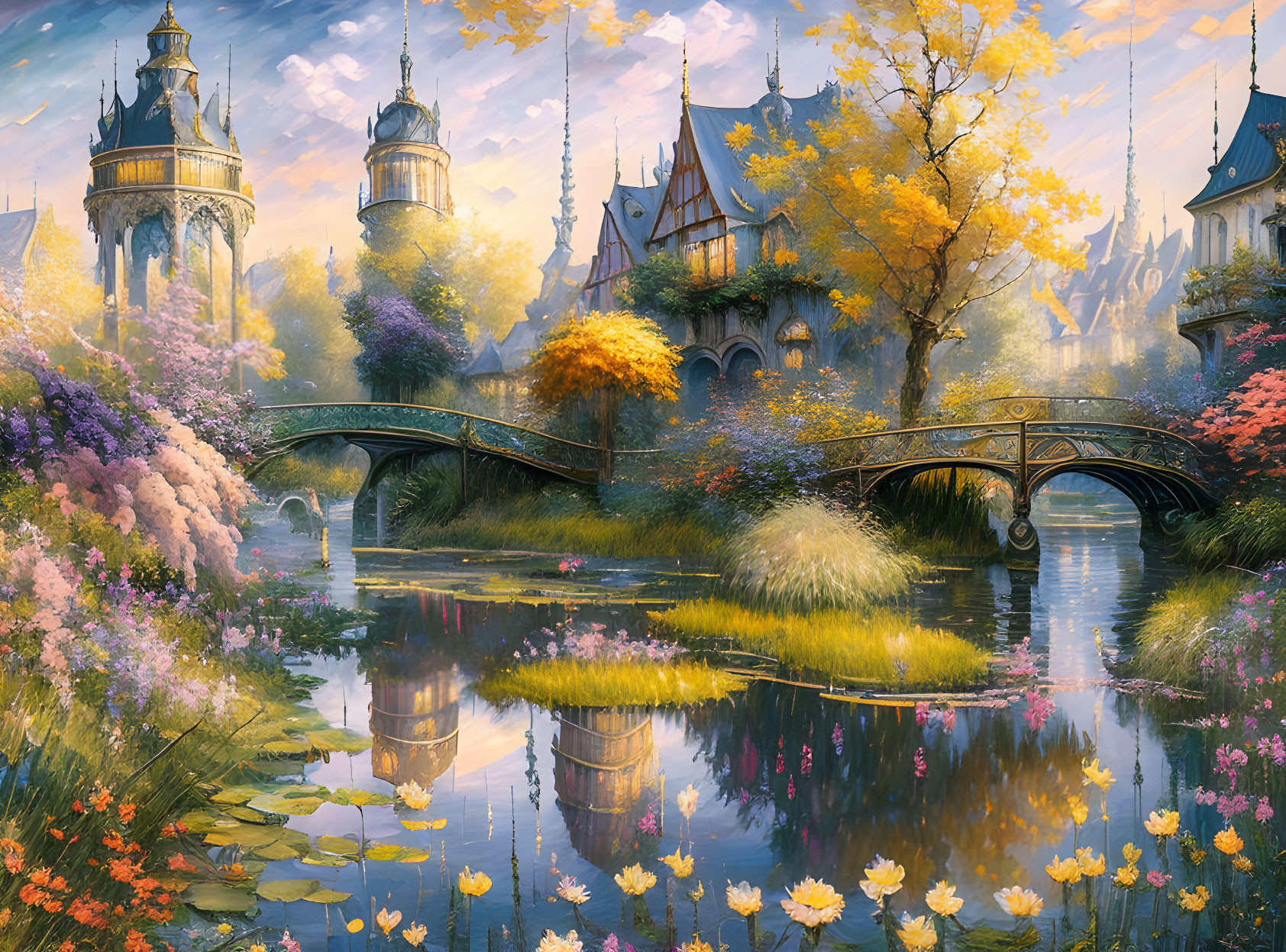 Tranquil fantasy landscape with castle, ornate bridge, lush flora