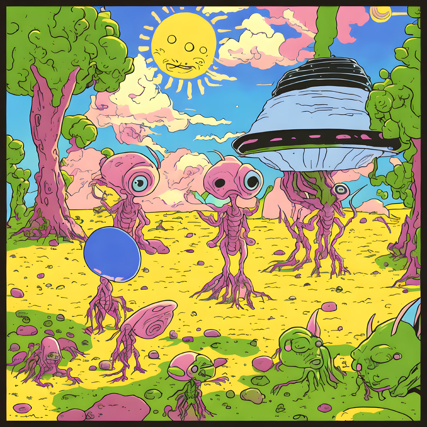 Colorful alien creatures with one eye and tentacle-like limbs in whimsical landscape with UFO, sun