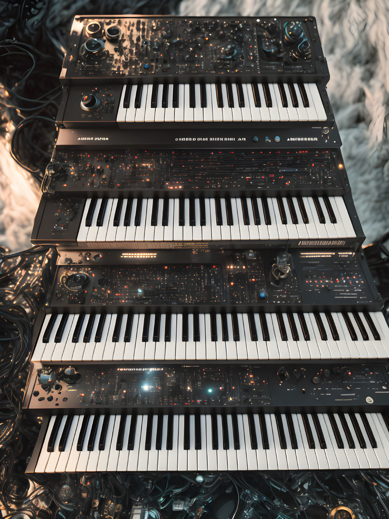 Four Analog Synthesizers on White Rug with Cables