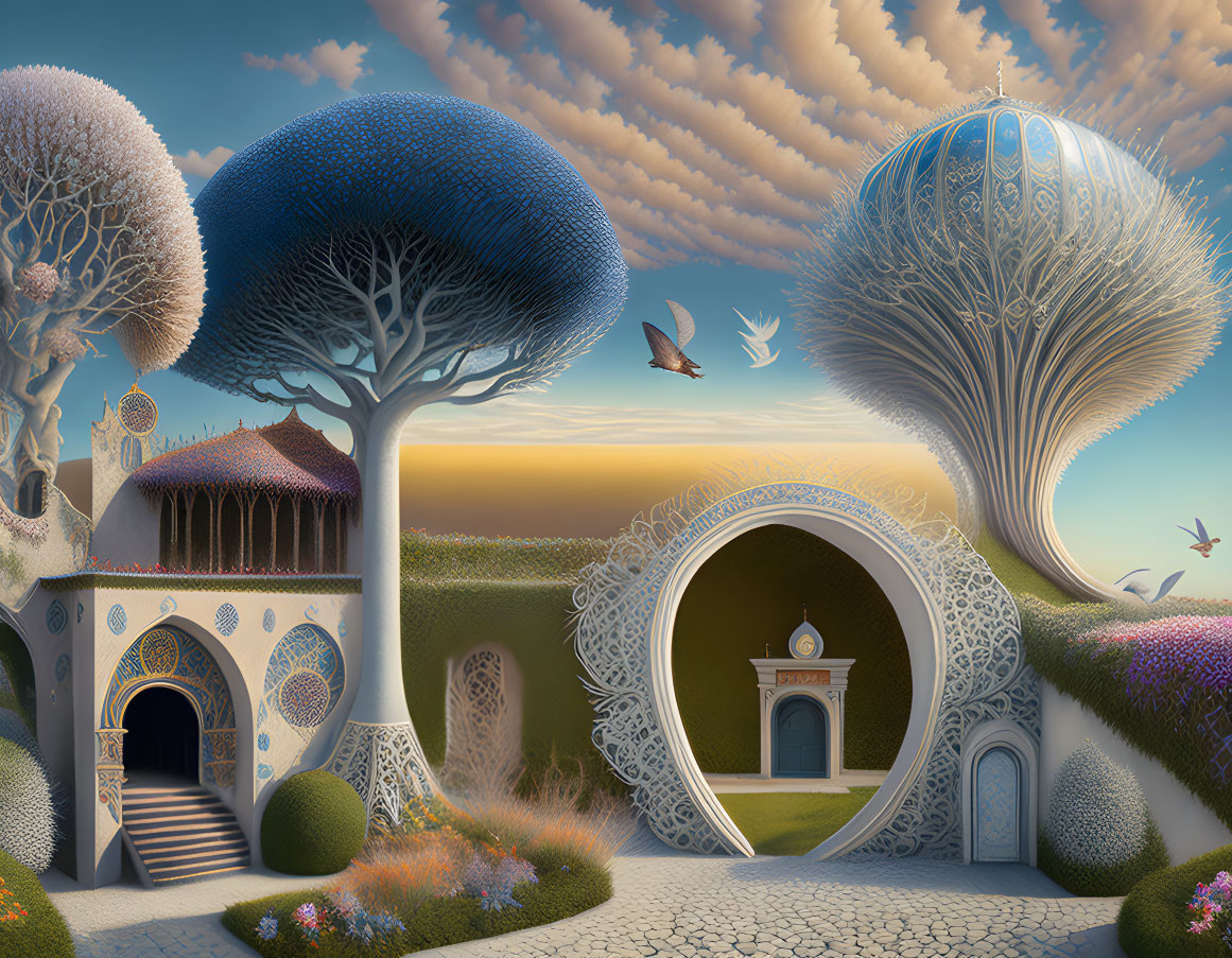 Ornate tree-like buildings in whimsical landscape