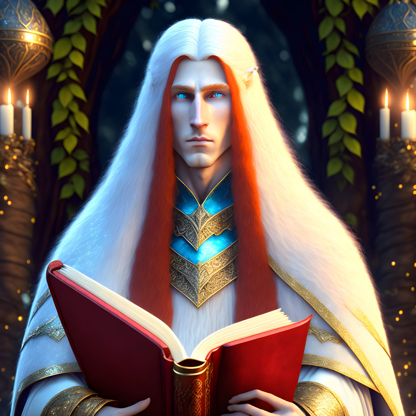 Ethereal character with white hair holding open book in enchanted forest