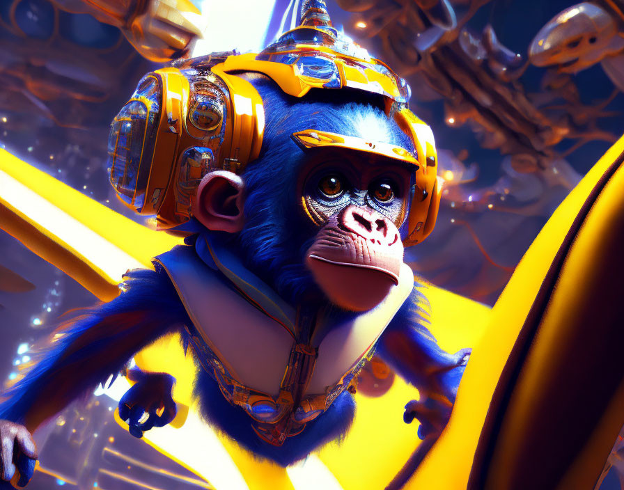 Blue-faced monkey in futuristic yellow helmet against golden mechanical backdrop