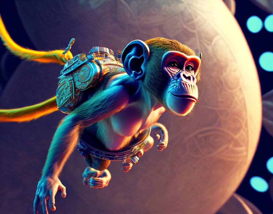 Stylized monkey in futuristic gear leaping through colorful alien environment