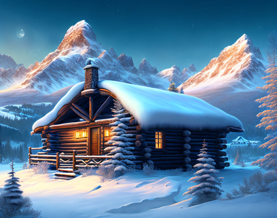 Snow-covered log cabin in dusk with glowing window, mountains and starry sky.