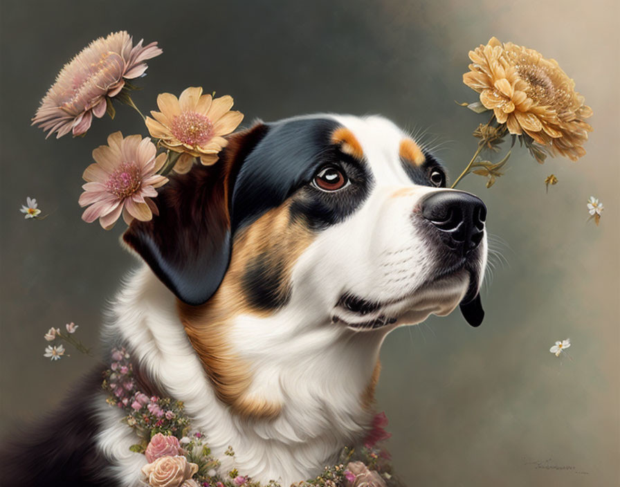 Tricolor Dog Portrait with Pastel Flowers on Neutral Background