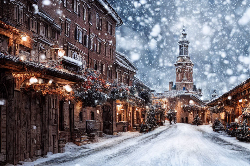 Snow-covered street with traditional buildings and festive decorations in heavy snowfall