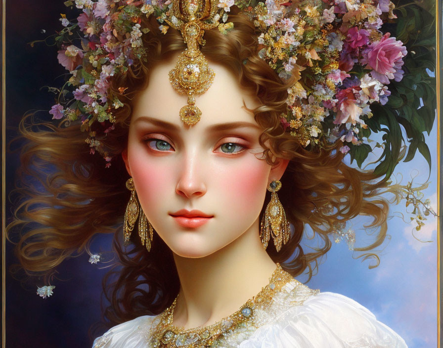 Digital artwork of woman adorned with golden jewelry and floral headpiece, detailed eyes and flowing brown hair.