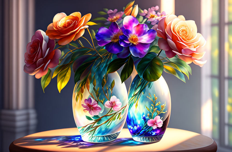 Vibrant flowers in decorative vases with sunlight shadows and reflections