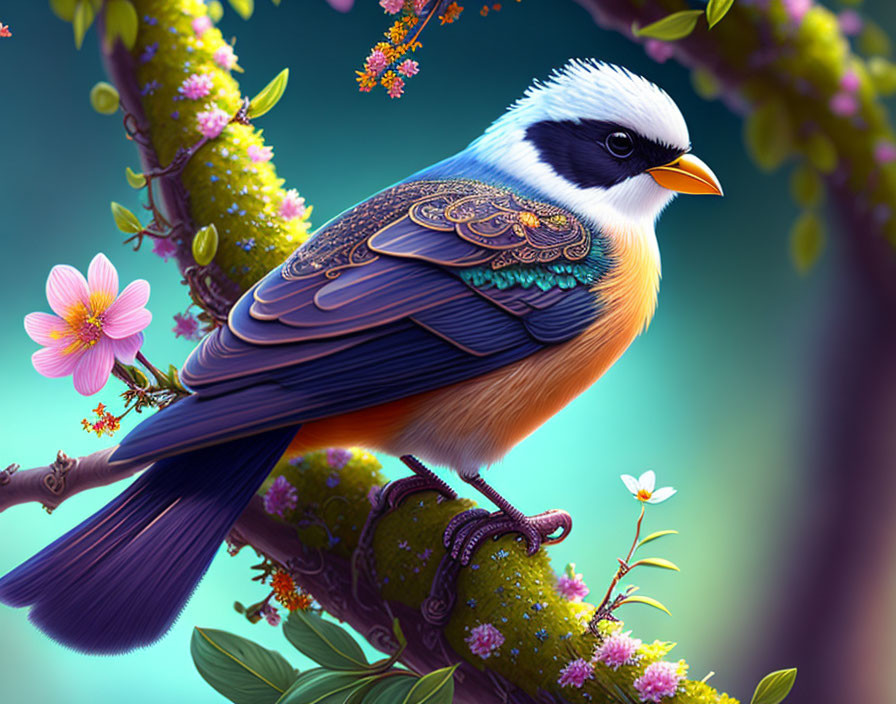 Colorful stylized bird perched on blooming branch against green backdrop