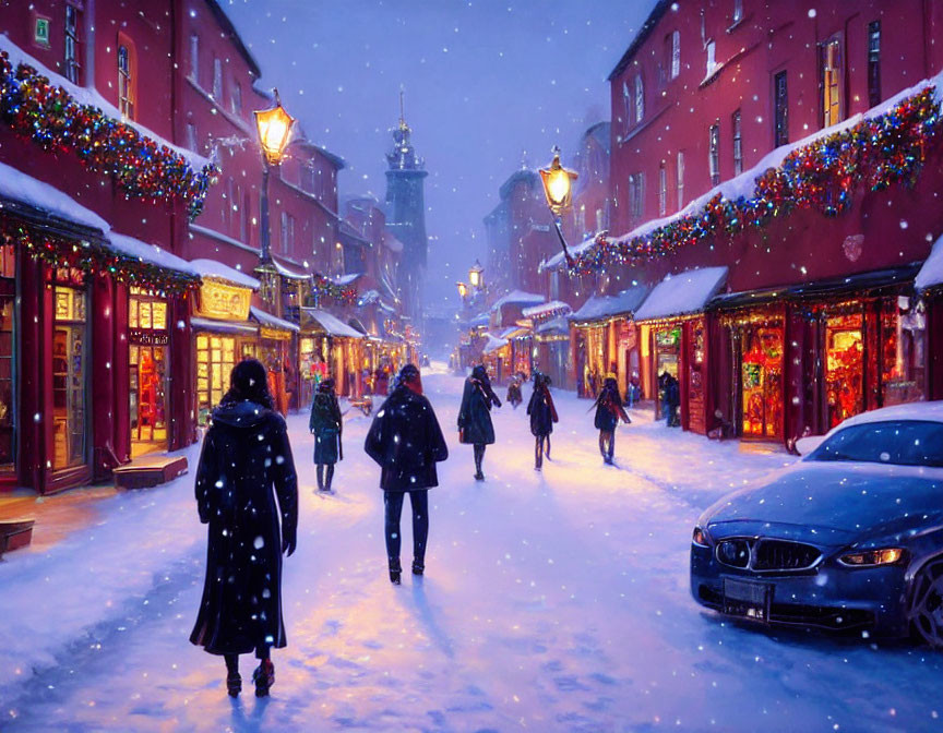 Snowy street scene with festive lights, shops, and parked car at dusk