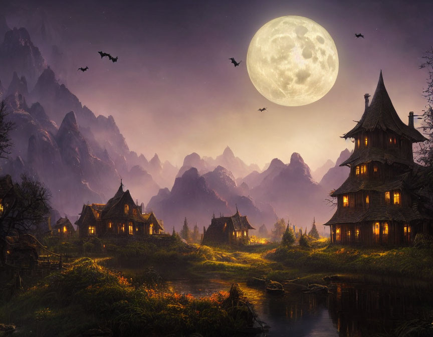 Fantasy Night Landscape with Full Moon, Traditional Houses, River, Mountains, and Bats