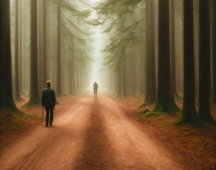 Foggy forest path with two figures among misty trees