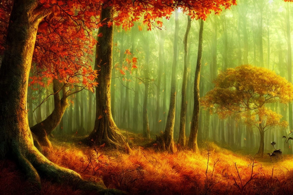 Autumn Forest Scene with Sunlight and Vibrant Leaves