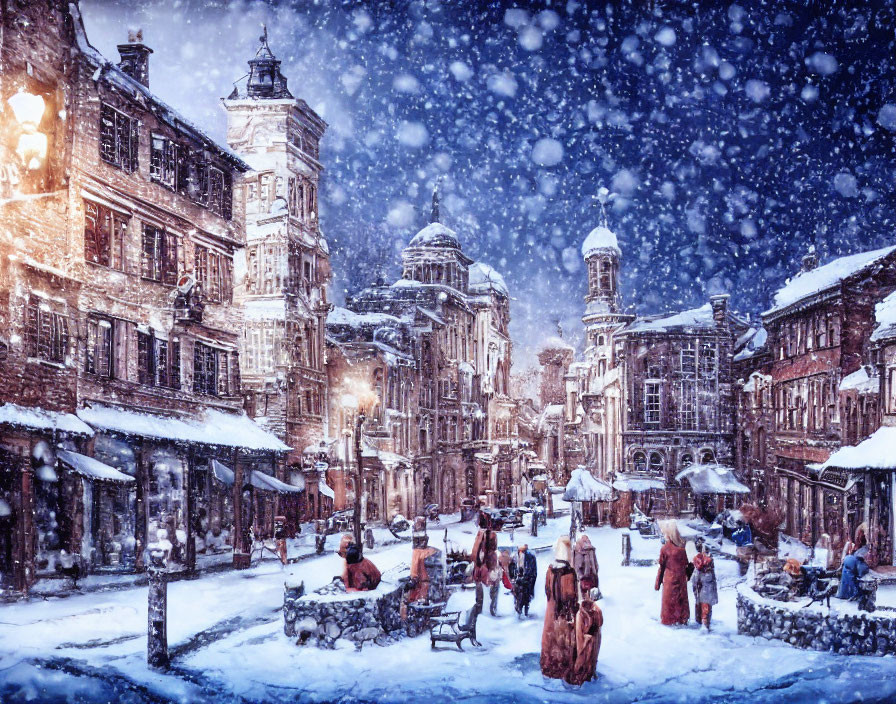 Vintage town square scene with snow, period clothing, carriages, and glowing lights