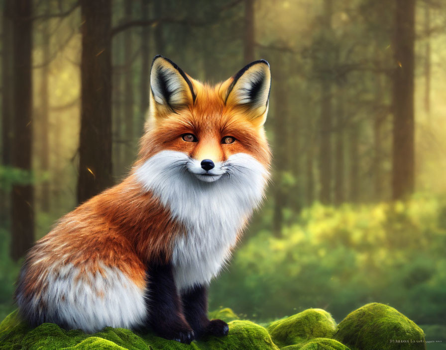 Detailed image of red fox on mossy ground with misty forest background