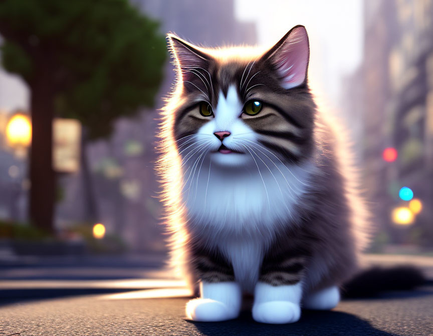 Fluffy tabby cat with distinct markings on city street with glowing lights.