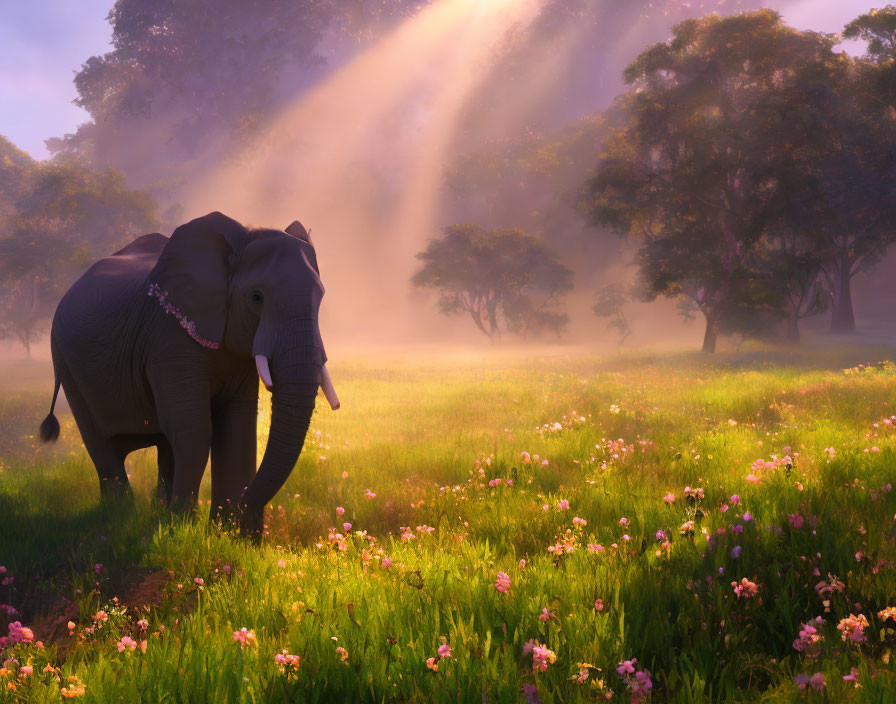 Elephant in Sunlit Meadow with Pink and White Flowers