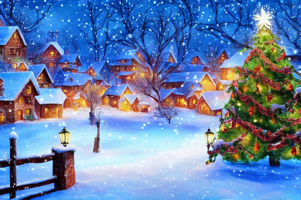 Winter Village Scene with Christmas Decorations and Falling Snowflakes