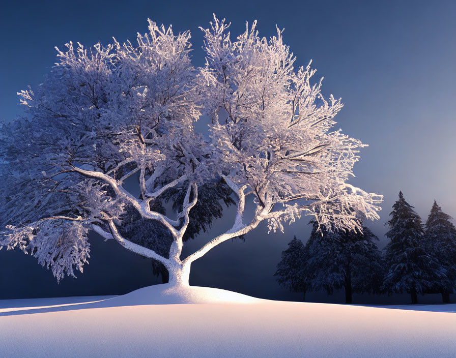 Snow-covered tree against twilight sky in snowy landscape.