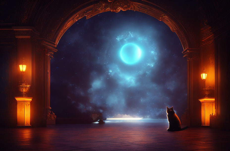 Cat by Ornate Doorway Under Moonlit Sky in Dark Room