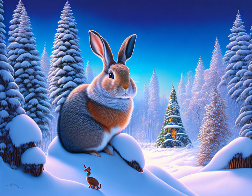 Stylized rabbit in snow-covered landscape with pine trees at twilight