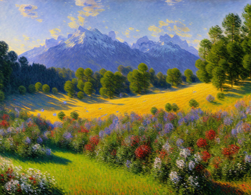 Colorful Wildflower Meadow Painting with Snow-Capped Mountains